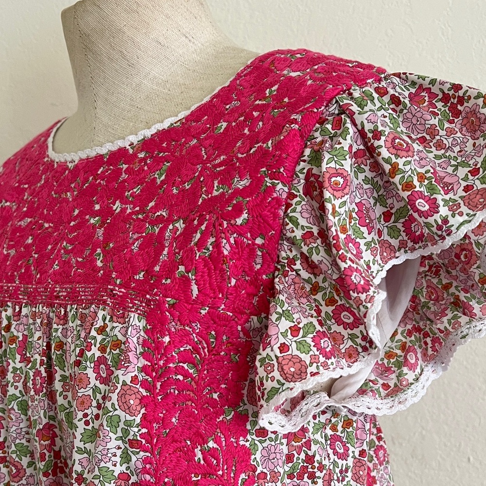 Bright Pink Floral Lace-Yoke Mini Dress